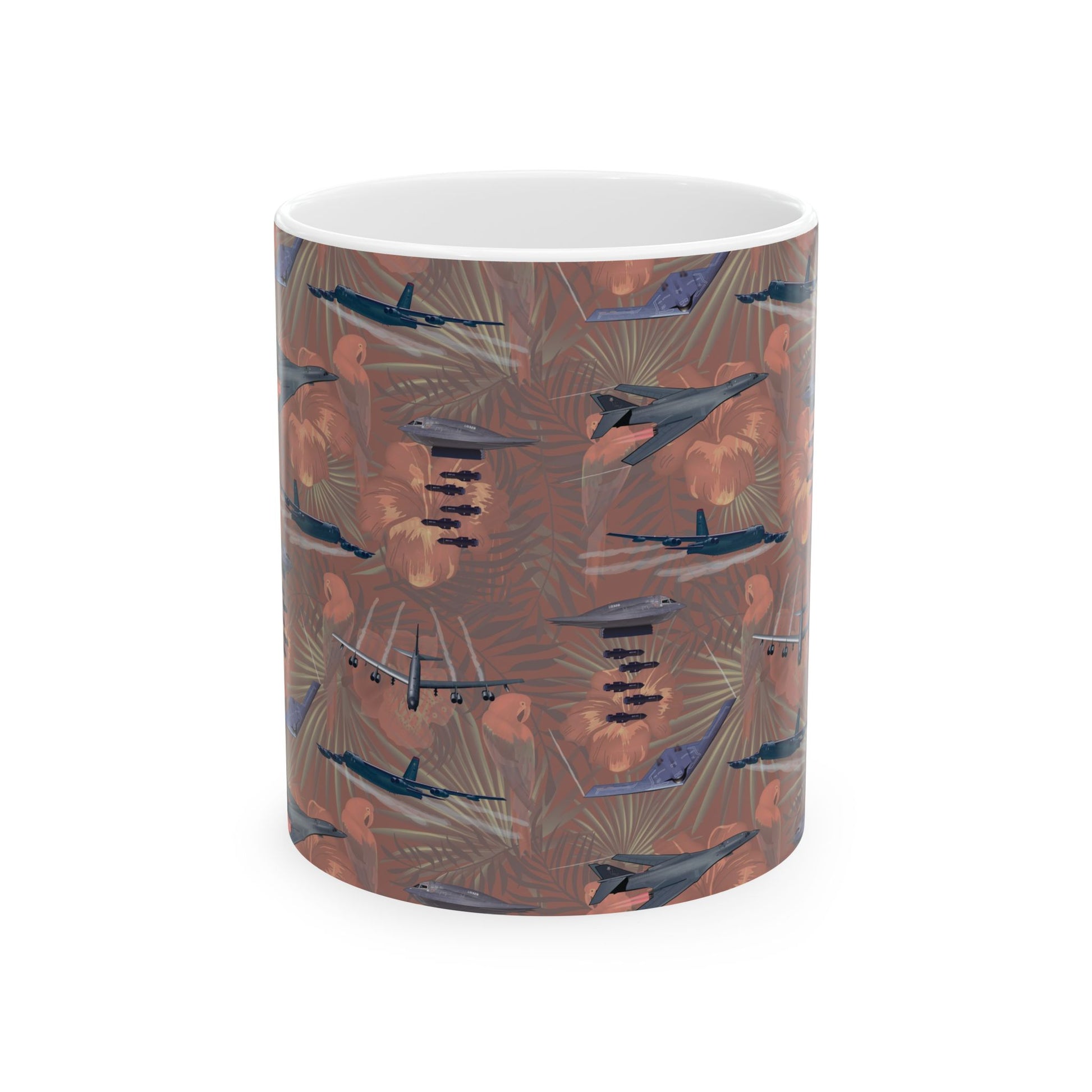Red ceramic mug featuring a design honoring the B-17 Flying Fortress, available in 11oz and 15oz sizes, microwave and dishwasher safe.