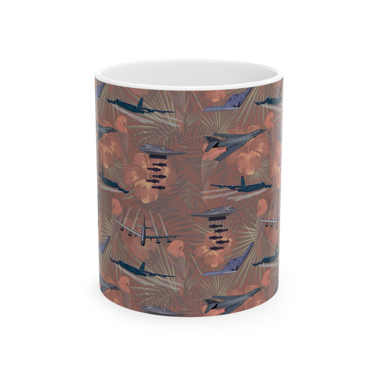 Red ceramic mug featuring a design honoring the B-17 Flying Fortress, available in 11oz and 15oz sizes, microwave and dishwasher safe.