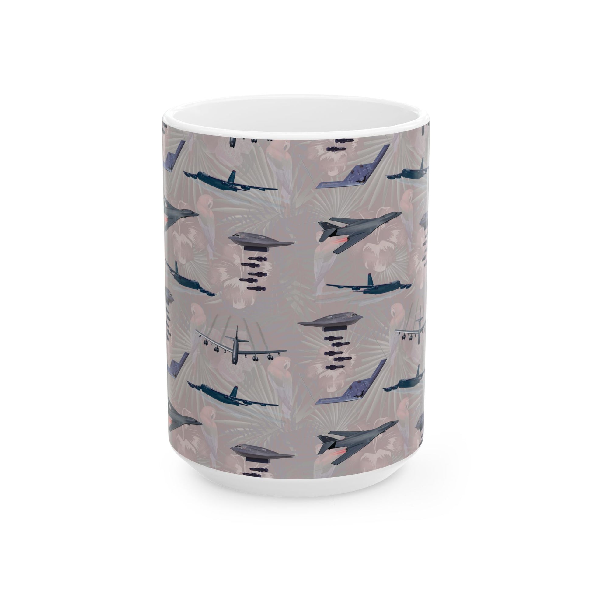 Durable white ceramic coffee mug showcasing imagery of the B-17 Flying Fortress, perfect for aviation enthusiasts, available in two sizes.