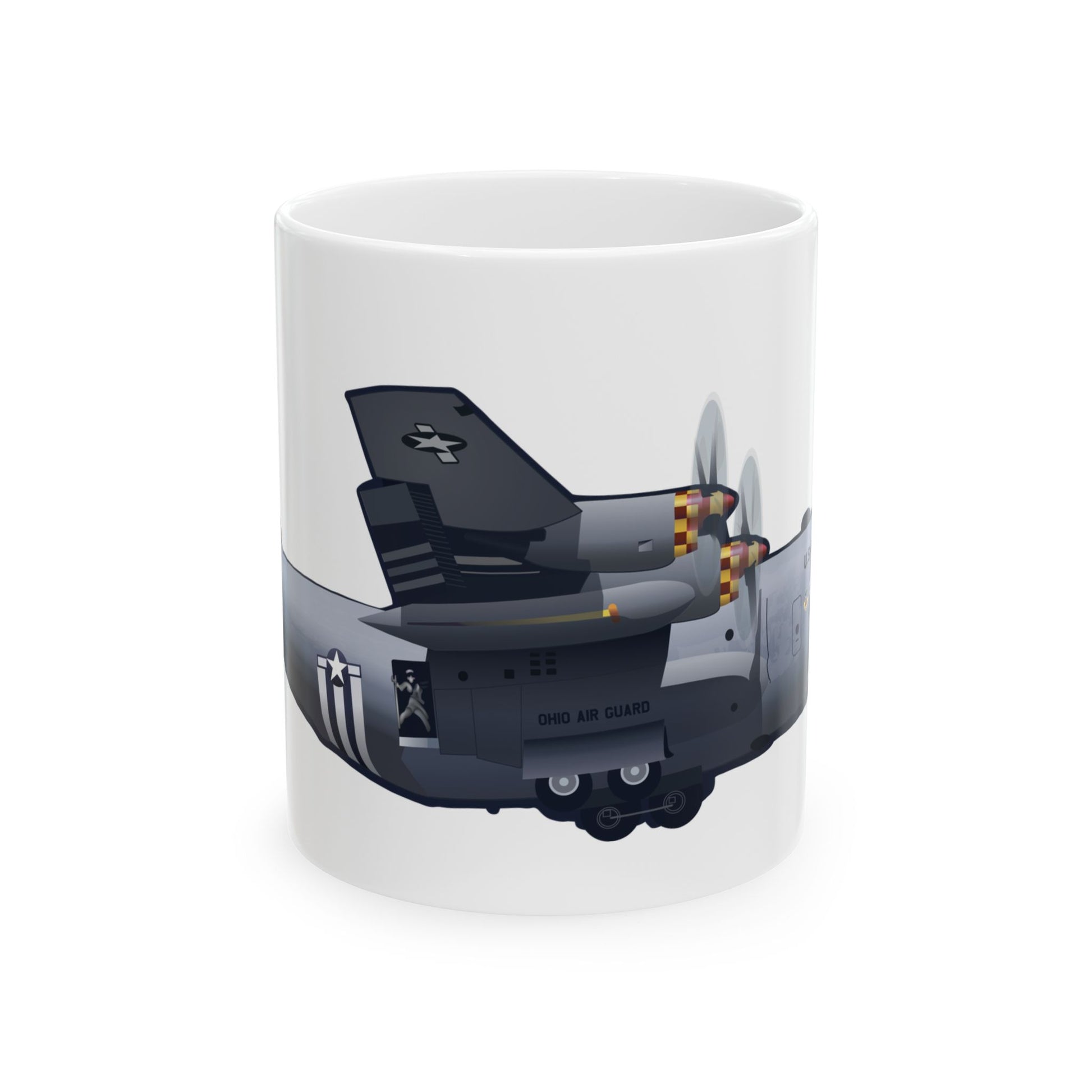 C-130 Mansfield ceramic mug featuring the Lockheed C-130 Hercules aircraft design, available in 11oz and 15oz sizes, perfect for aviation enthusiasts.