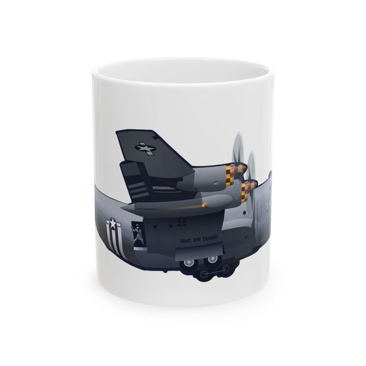 C-130 Mansfield ceramic mug featuring the Lockheed C-130 Hercules aircraft design, available in 11oz and 15oz sizes, perfect for aviation enthusiasts.