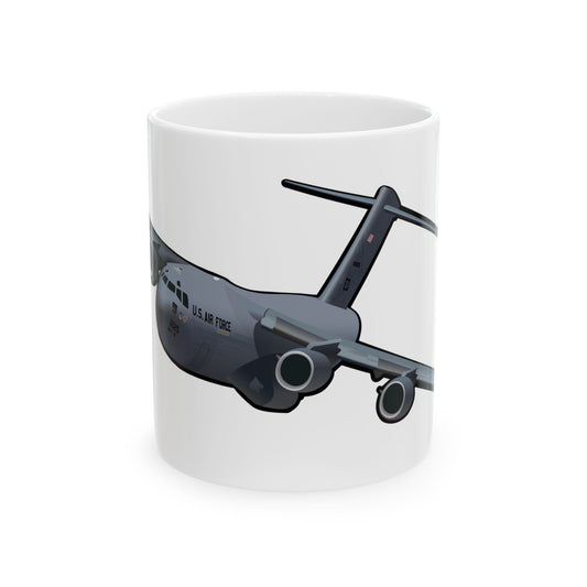 C-17 Globemaster III ceramic mug featuring detailed aircraft illustration, available in 11oz and 15oz sizes, perfect for aviation enthusiasts