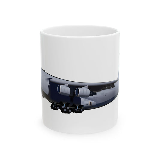 C-5 Travis ceramic mug featuring the Lockheed C-5 Galaxy aircraft design, available in 11oz and 15oz sizes, perfect for aviation enthusiasts