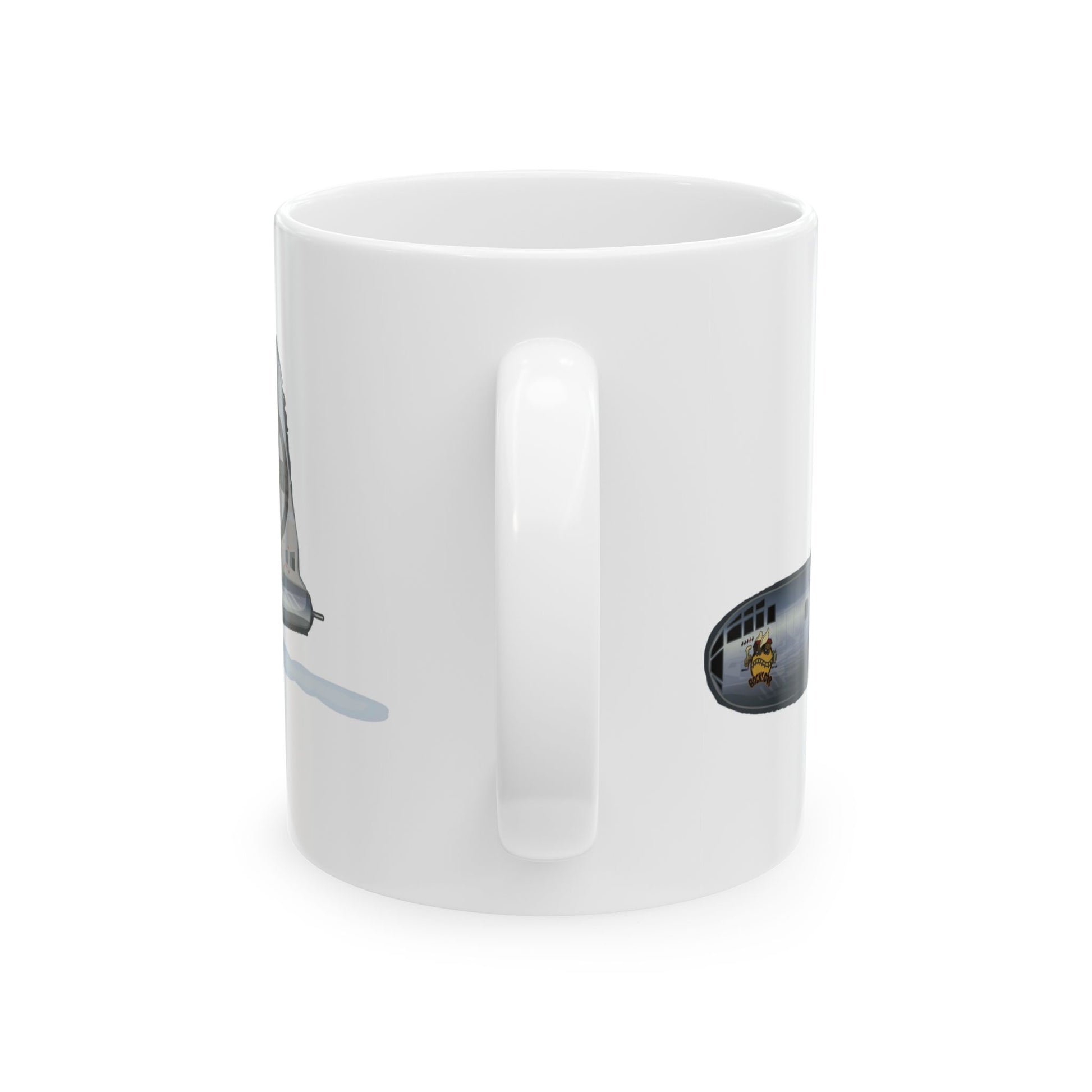 B-29 Bockscar ceramic mug with a sleek bomber design, ideal for collectors, available in 11oz and 15oz sizes, microwave and dishwasher safe