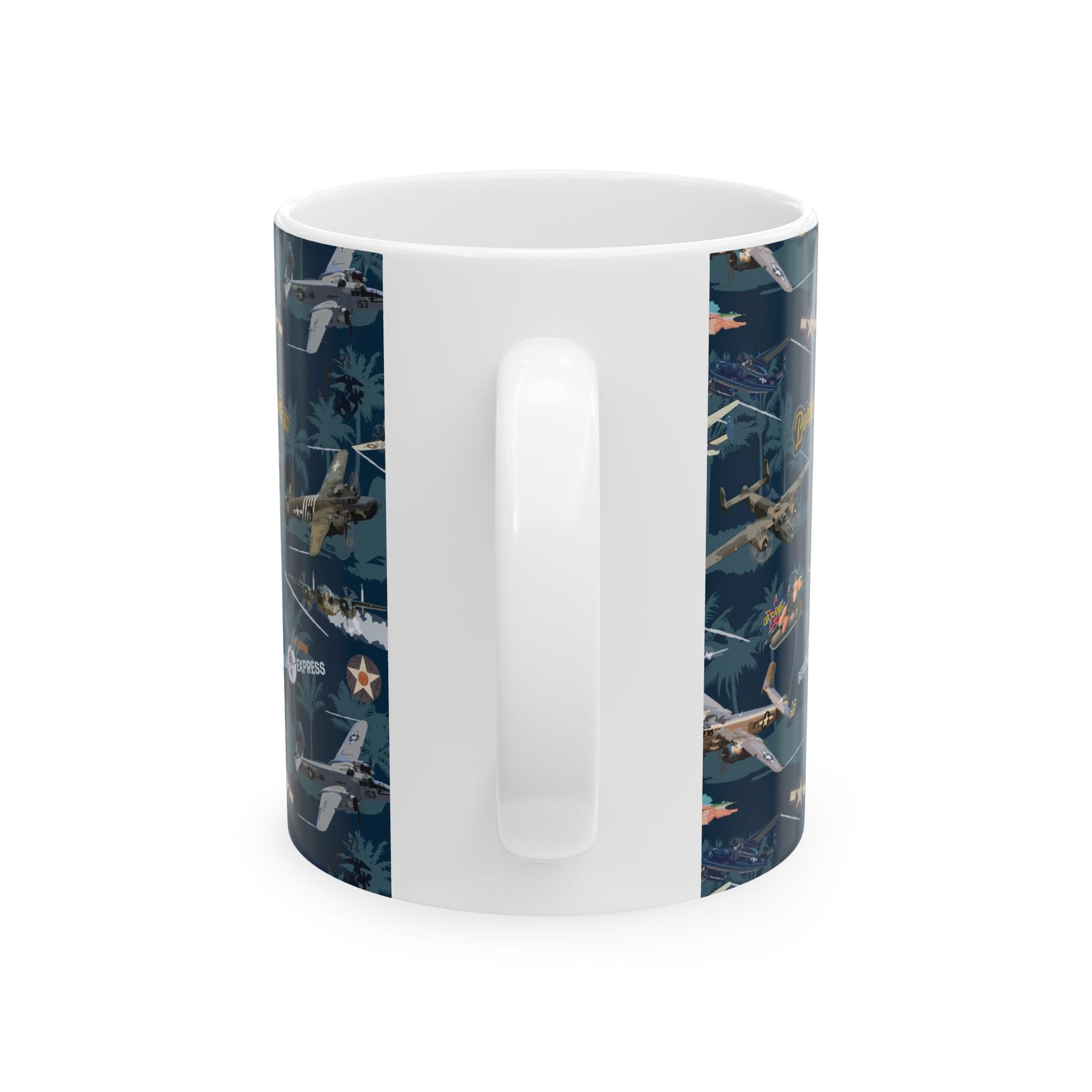 B-25 bomber illustration on a ceramic mug, ideal for collectors, available in 11oz and 15oz sizes, microwave and dishwasher safe.