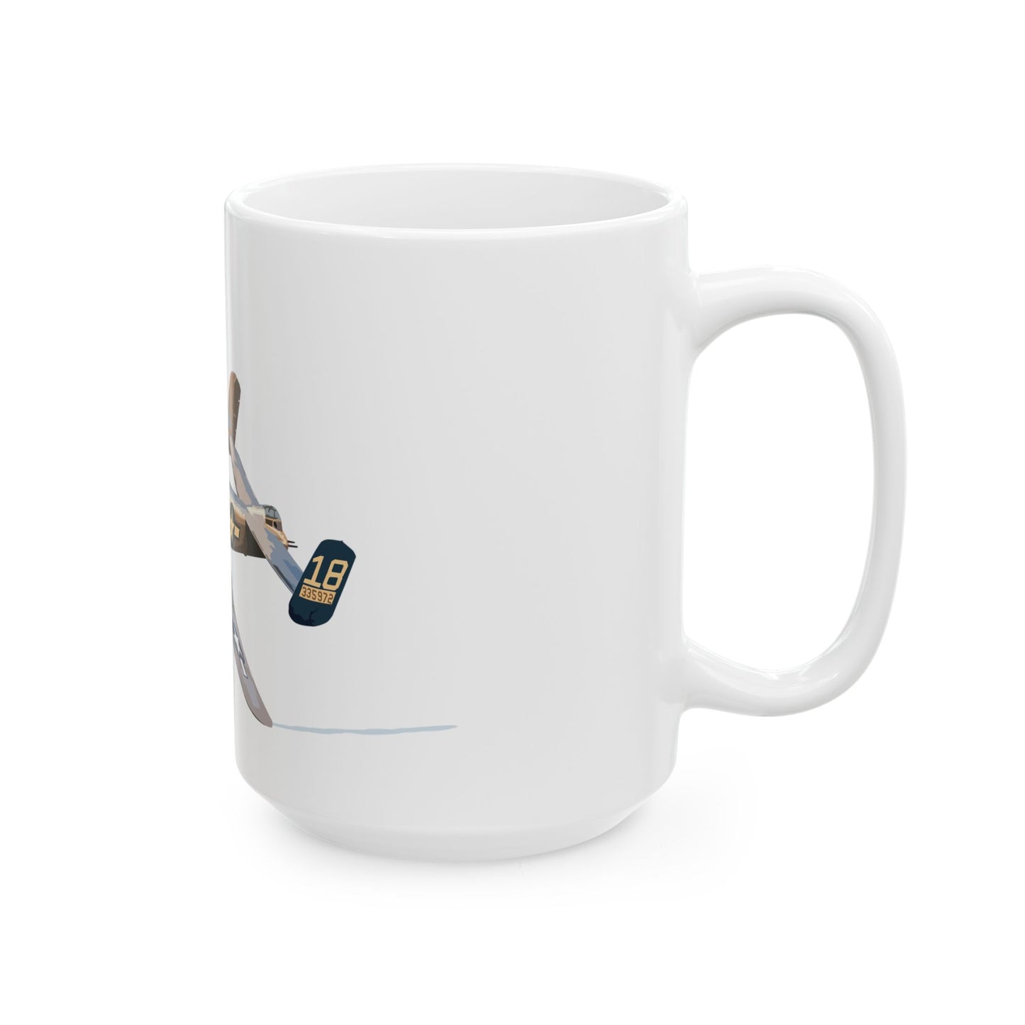 B-25 "Maid in the Shade" bomber-themed ceramic mug, available in 11oz and 15oz sizes, microwave and dishwasher safe, ideal for aviation enthusiasts.