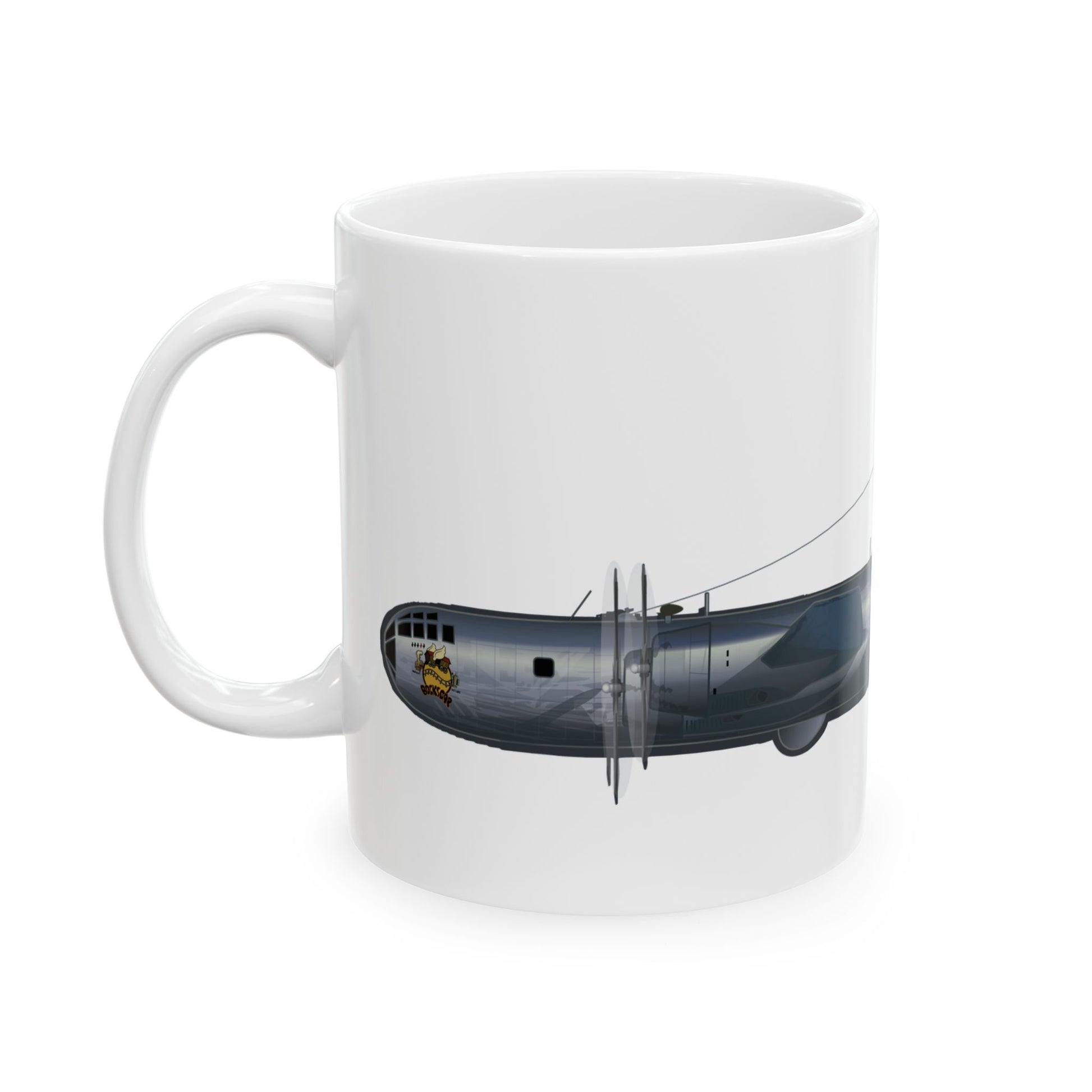 White ceramic mug featuring the B-29 Bockscar bomber, available in 11oz and 15oz sizes, perfect for daily use or as a collector's item.