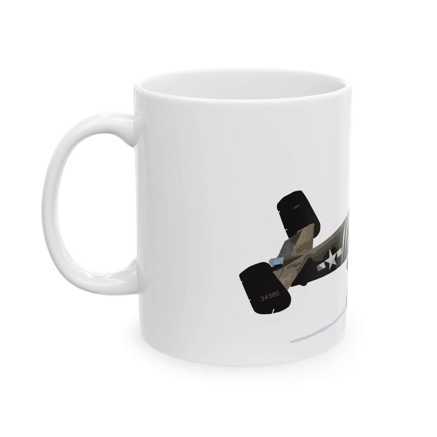 Ceramic mug showcasing the iconic B-25 "Barbie" bomber, available in 11oz and 15oz sizes, perfect for daily use or as a collector's item.