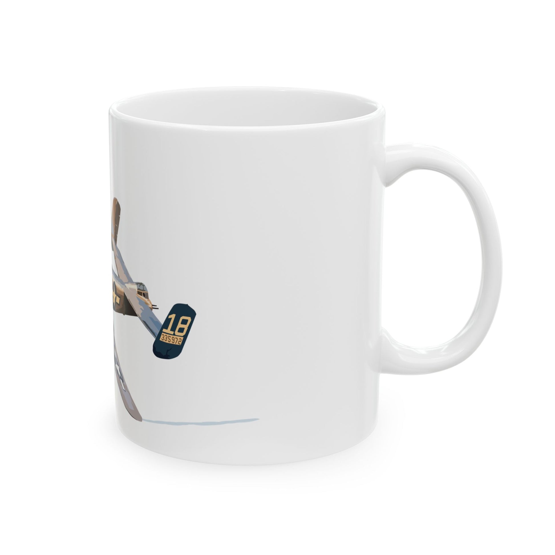 B-25 "Maid in the Shade" bomber-themed ceramic mug with a sleek design, available in 11oz and 15oz sizes, microwave and dishwasher safe.