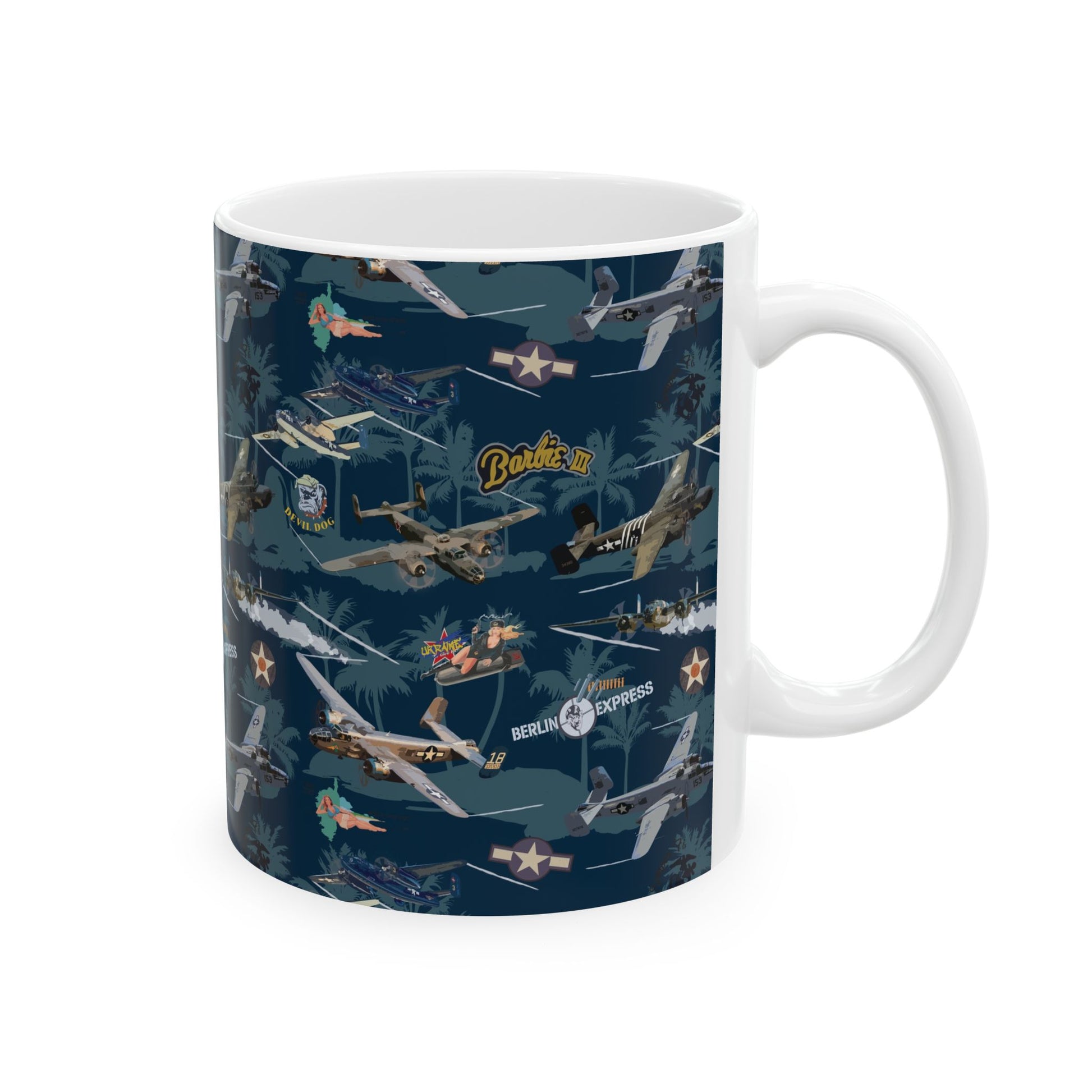 B-25 bomber-themed ceramic mug with a sleek design, available in 11oz and 15oz sizes, microwave and dishwasher safe.