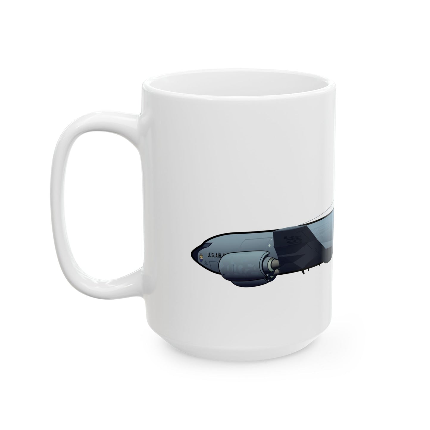 Ceramic mug with KC-135 Stratotanker graphic, available in 11oz and 15oz sizes, ideal for collectors of military aviation memorabilia