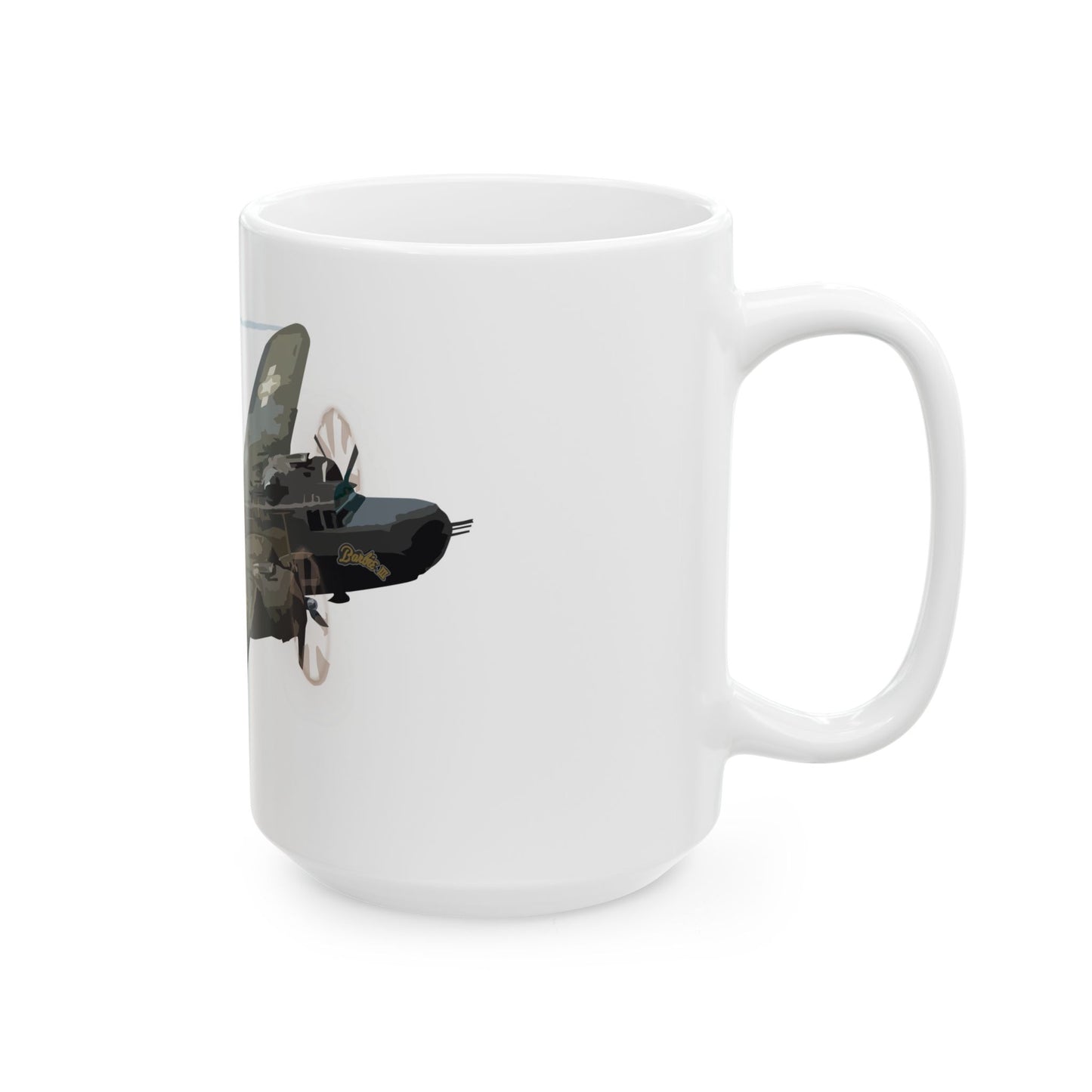 Ceramic mug with a B-25 "Barbie" bomber design, available in 11oz and 15oz sizes, a perfect gift for aviation enthusiasts and collectors.
