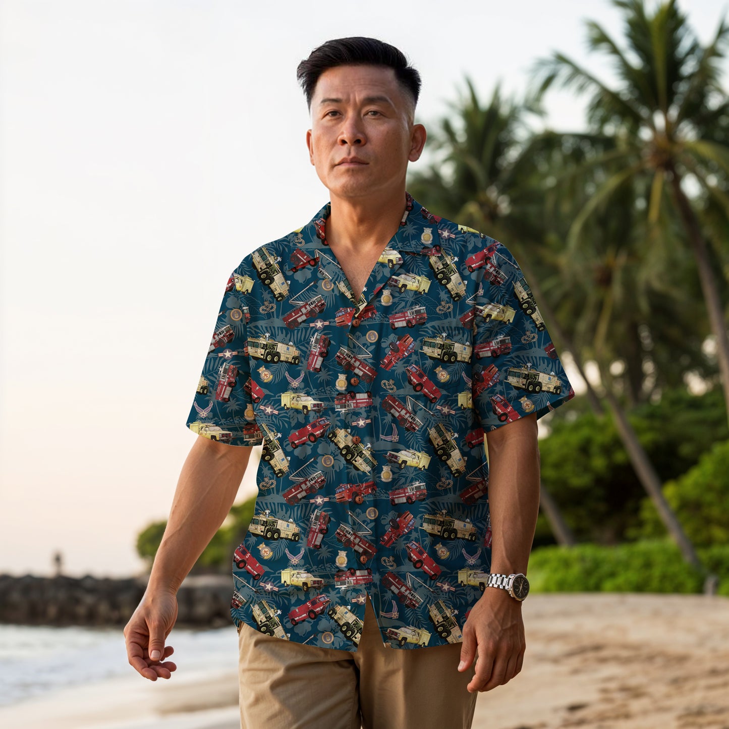 Hawaiian Shirt - "Chanute Era Crash Trucks" - Dark Blue 100% Cotton