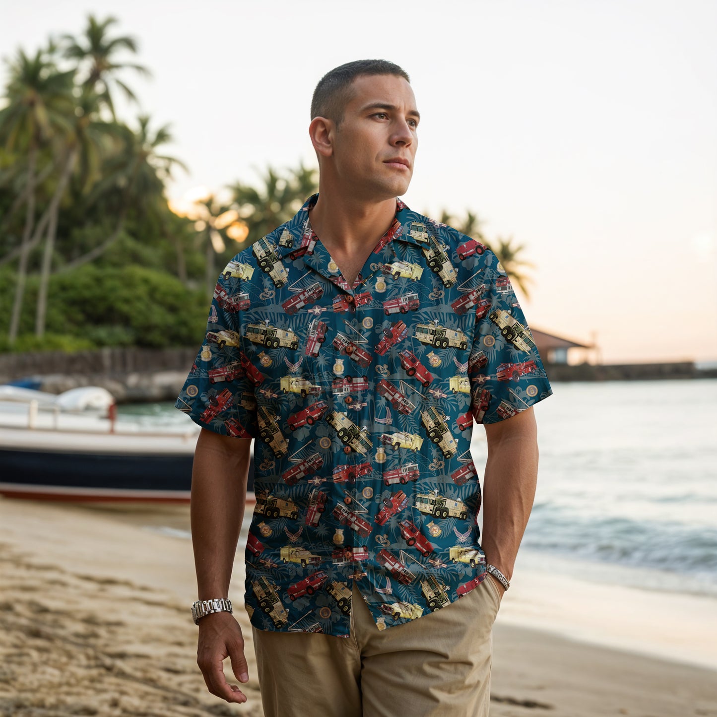 Hawaiian Shirt - "Chanute Era Crash Trucks" - Dark Blue 100% Cotton
