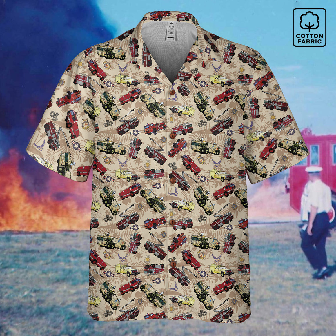 Hawaiian Shirt - "Chanute Era Crash Trucks" - Beige 100% Cotton