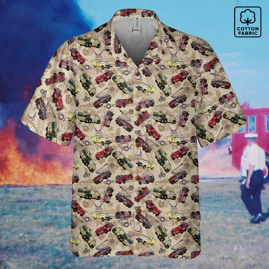 Hawaiian Shirt - "Chanute Era Crash Trucks" - Beige 100% Cotton
