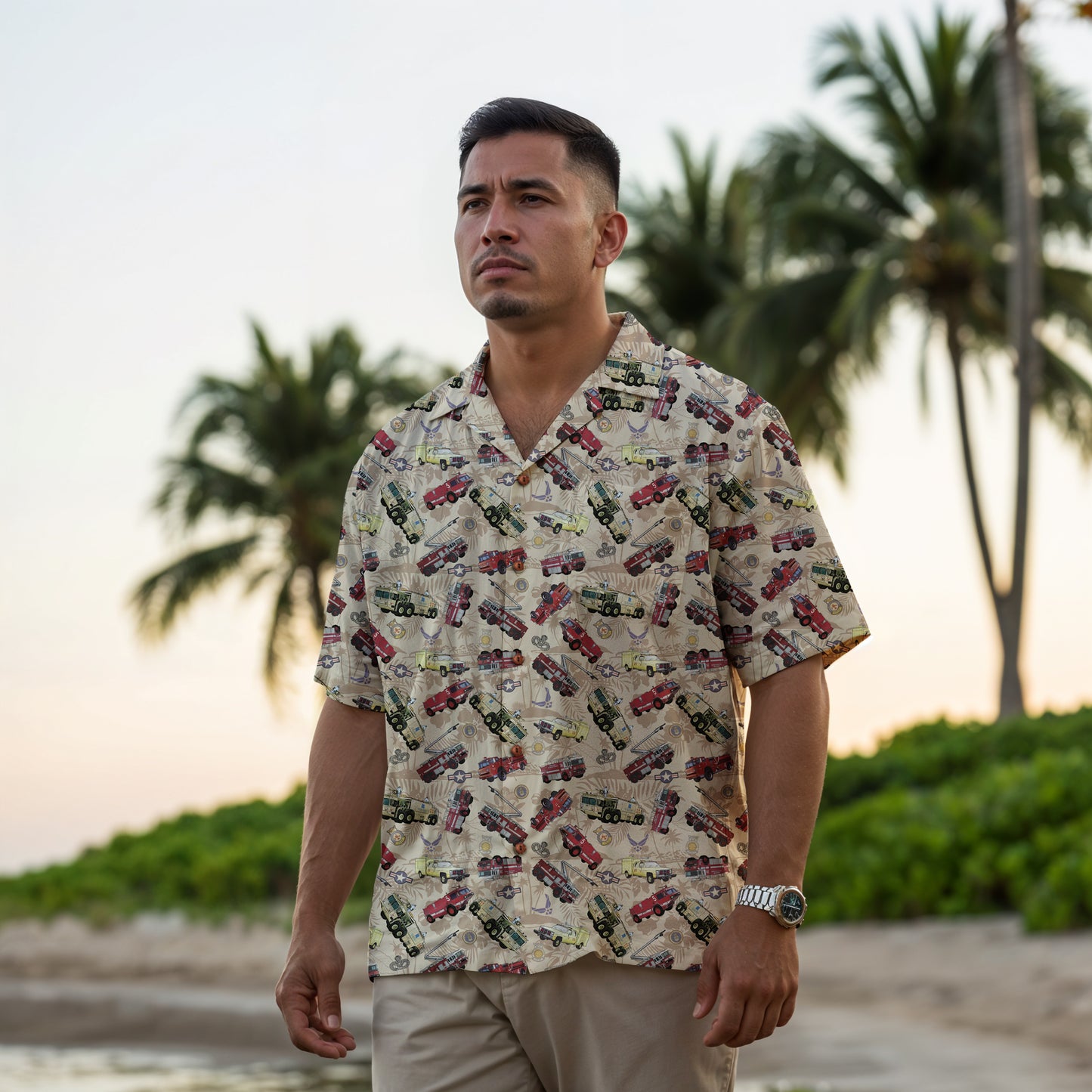 Hawaiian Shirt - "Chanute Era Crash Trucks" - Beige 100% Cotton