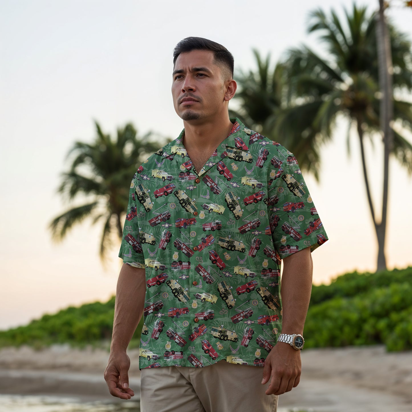 Hawaiian Shirt - "Chanute Era Crash Trucks" - Green 100% Cotton
