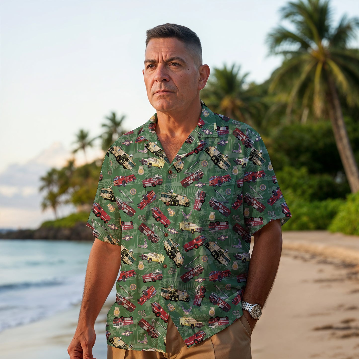 Hawaiian Shirt - "Chanute Era Crash Trucks" - Green 100% Cotton