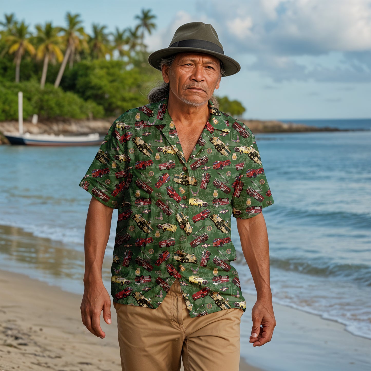 Hawaiian Shirt - "Chanute Era Crash Trucks" - Green 100% Cotton