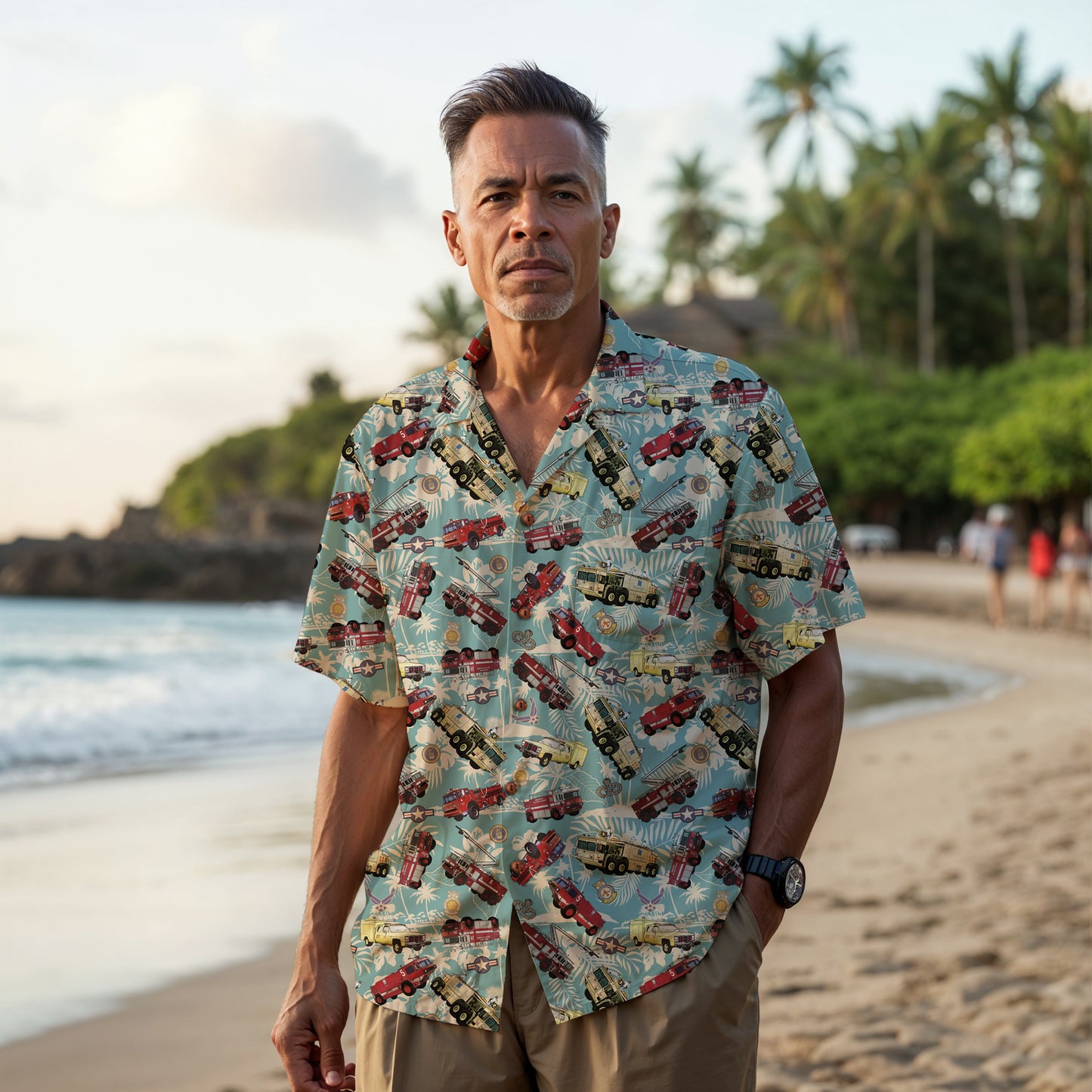 Hawaiian Shirt - "Chanute Era Crash Trucks" - Light Blue 100% Cotton