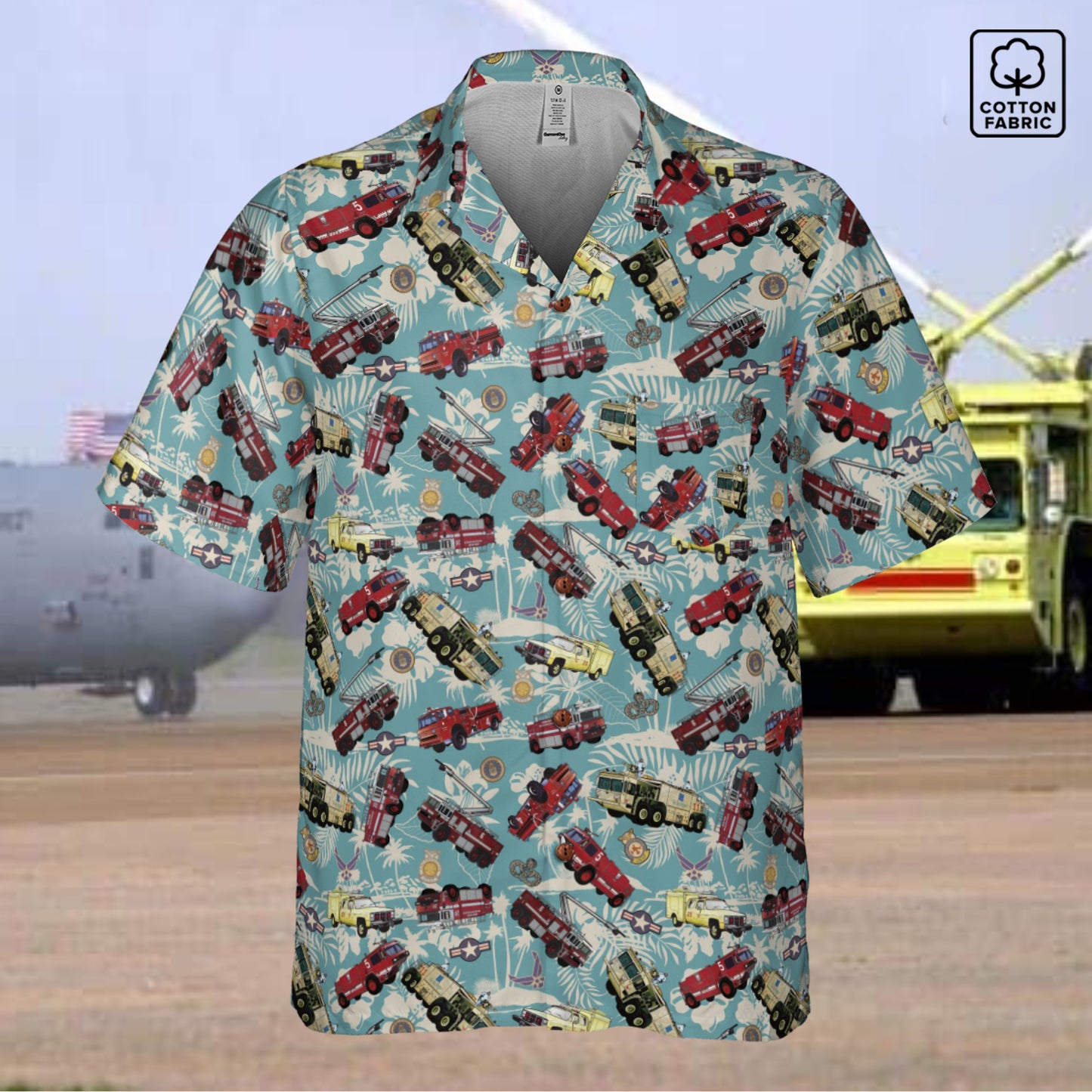 Hawaiian Shirt - "Chanute Era Crash Trucks" - Light Blue 100% Cotton