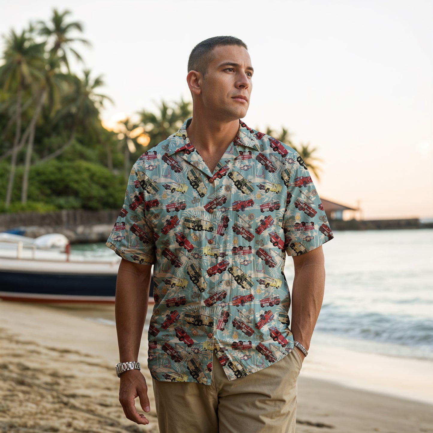 Hawaiian Shirt - "Chanute Era Crash Trucks" - Light Blue 100% Cotton