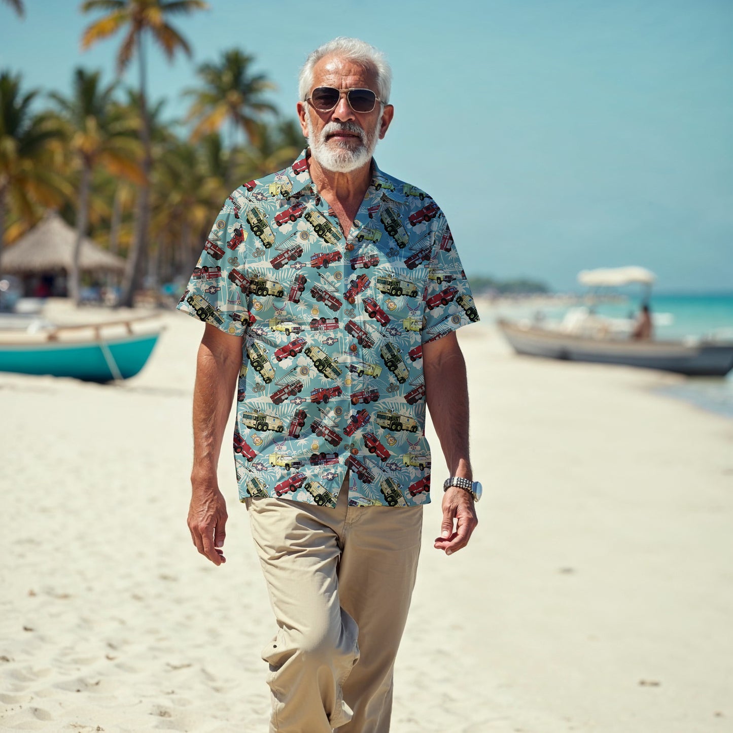 Hawaiian Shirt - "Chanute Era Crash Trucks" - Light Blue 100% Cotton