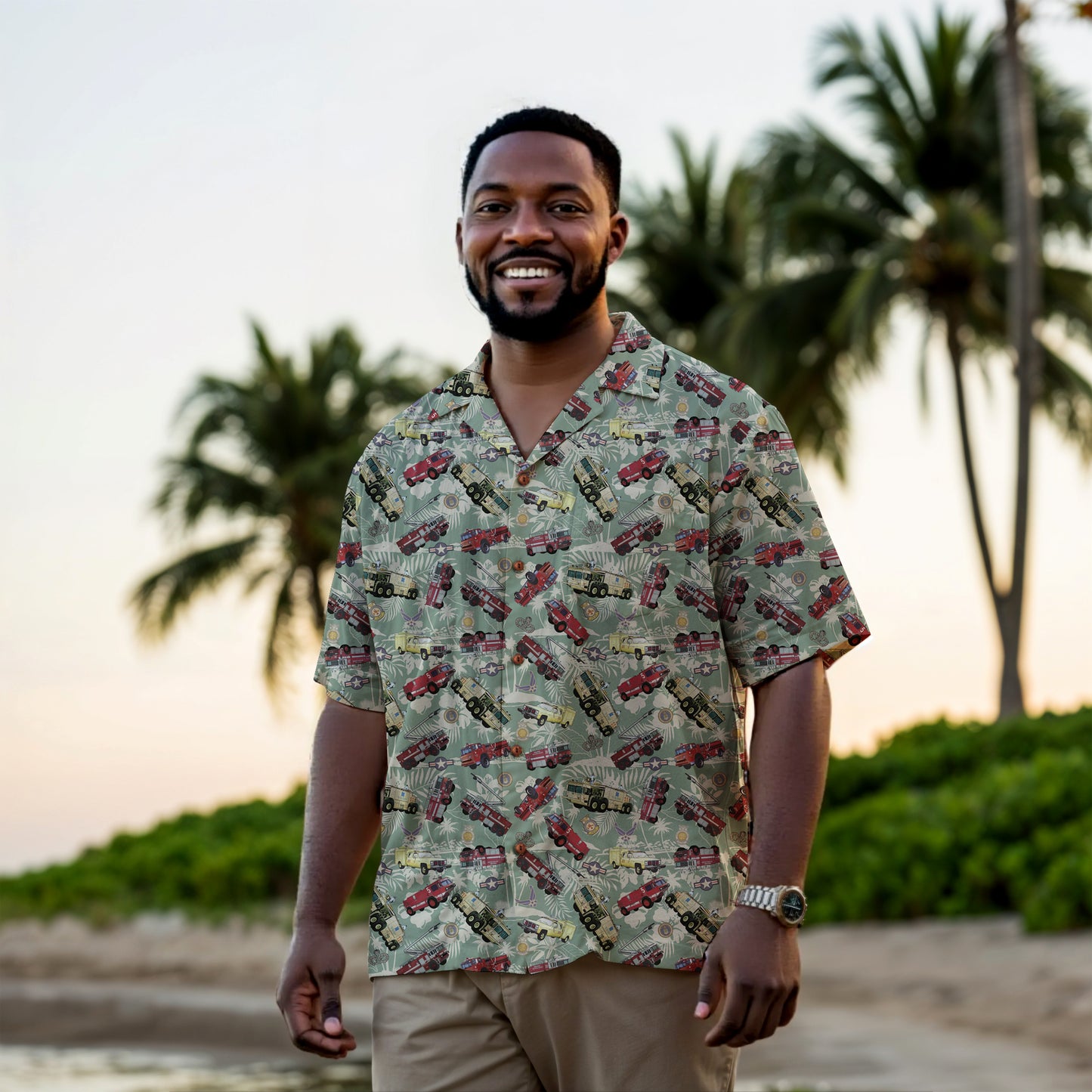 Hawaiian Shirt - "Chanute Era Crash Trucks" - Light Green 100% Cotton
