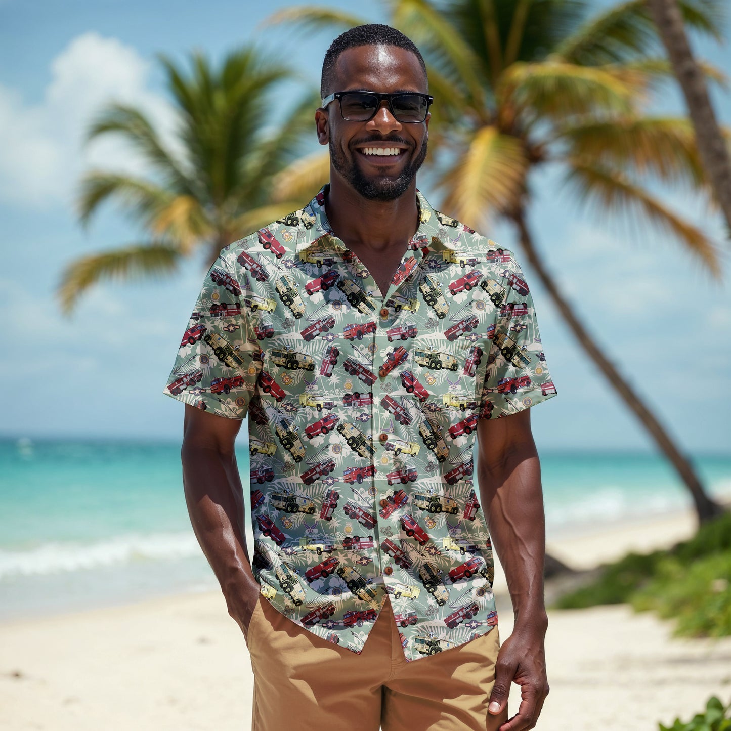 Hawaiian Shirt - "Chanute Era Crash Trucks" - Light Green 100% Cotton