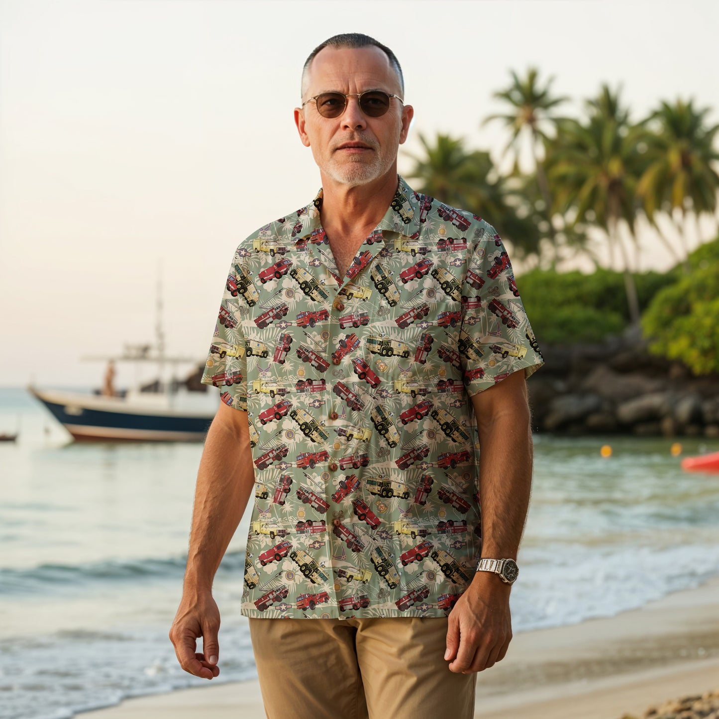 Hawaiian Shirt - "Chanute Era Crash Trucks" - Light Green 100% Cotton