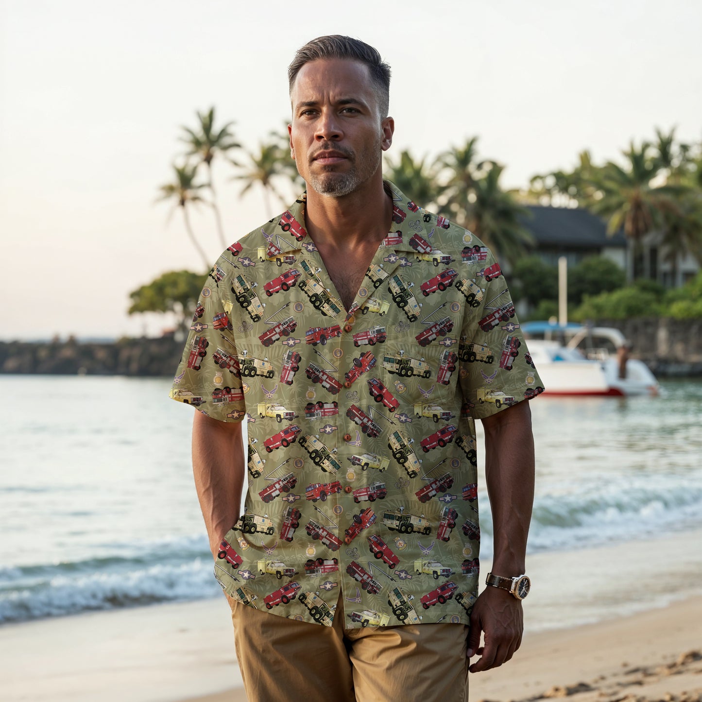 Hawaiian Shirt - "Chanute Era Crash Trucks" - Olive Green 100% Cotton