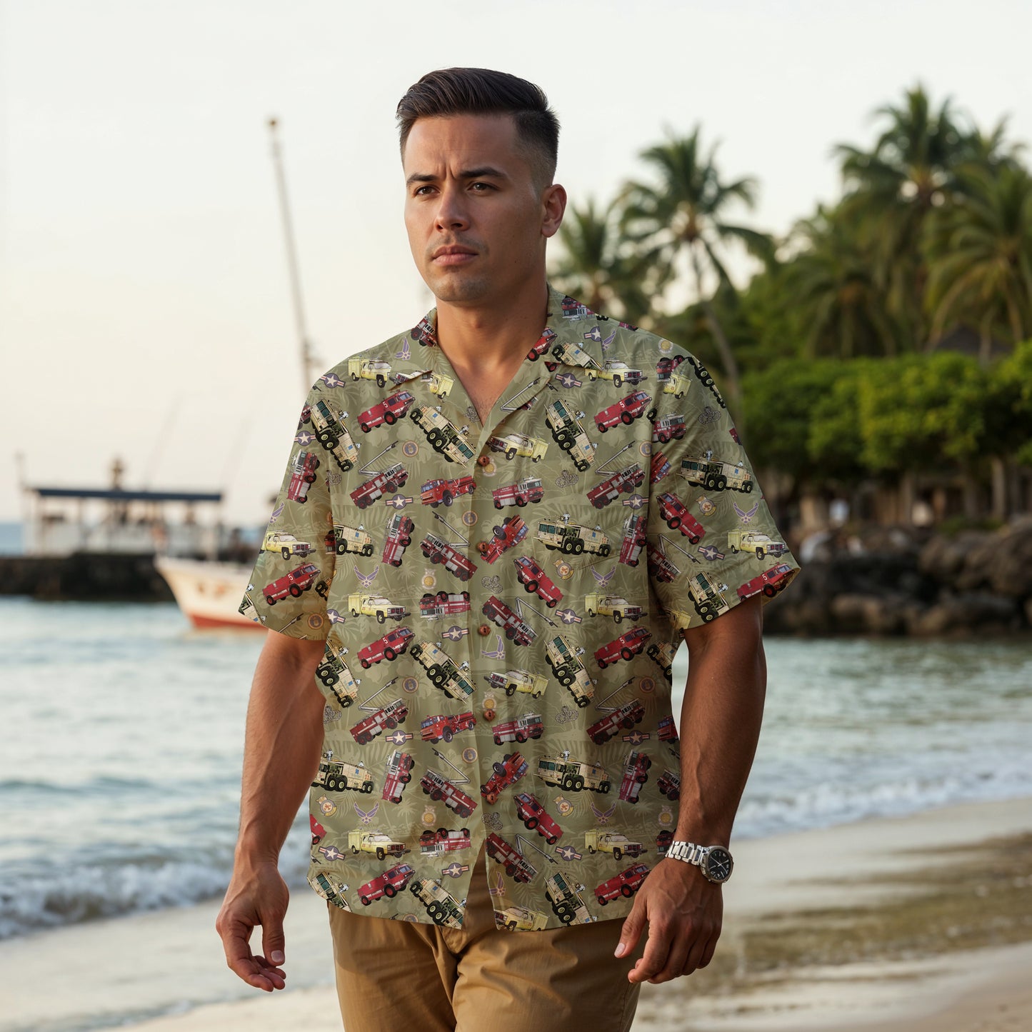 Hawaiian Shirt - "Chanute Era Crash Trucks" - Olive Green 100% Cotton