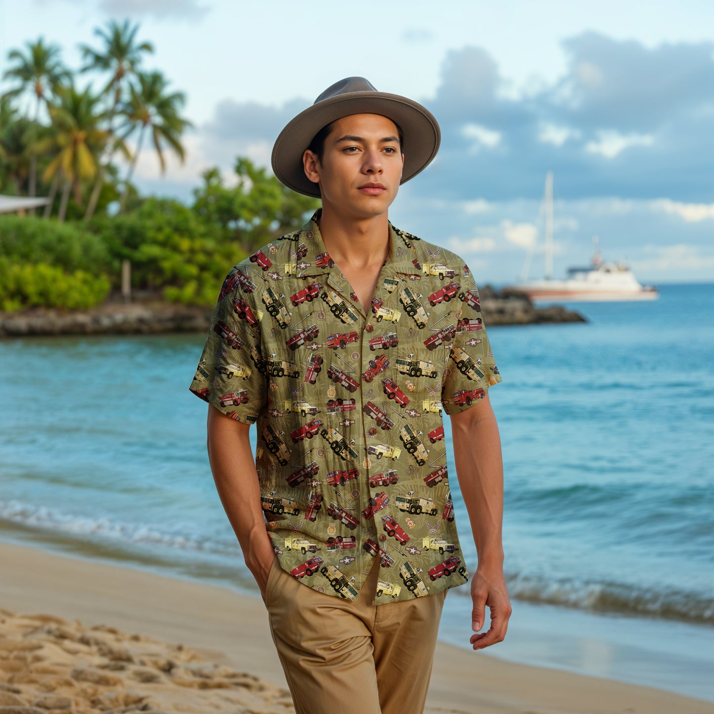 Hawaiian Shirt - "Chanute Era Crash Trucks" - Olive Green 100% Cotton