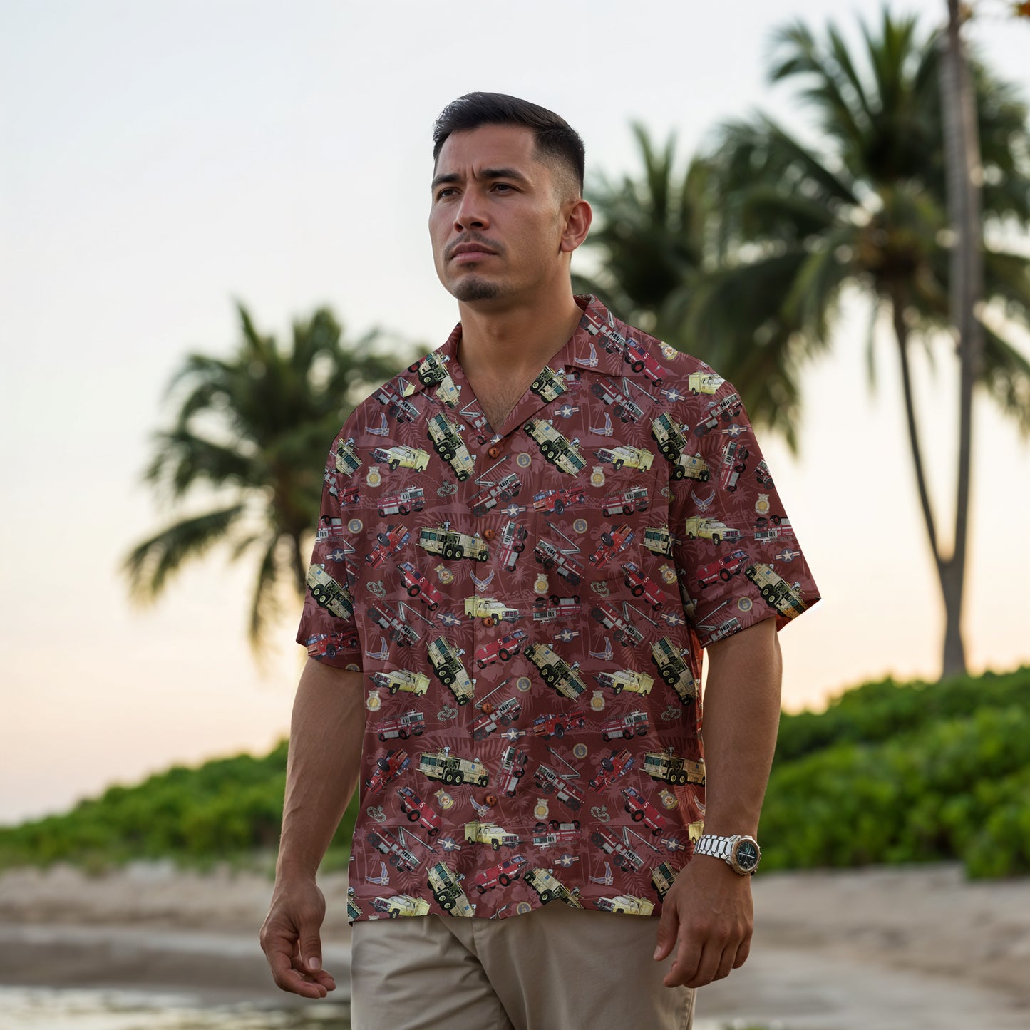 Hawaiian Shirt - "Chanute Era Crash Trucks" - Red 100% Cotton