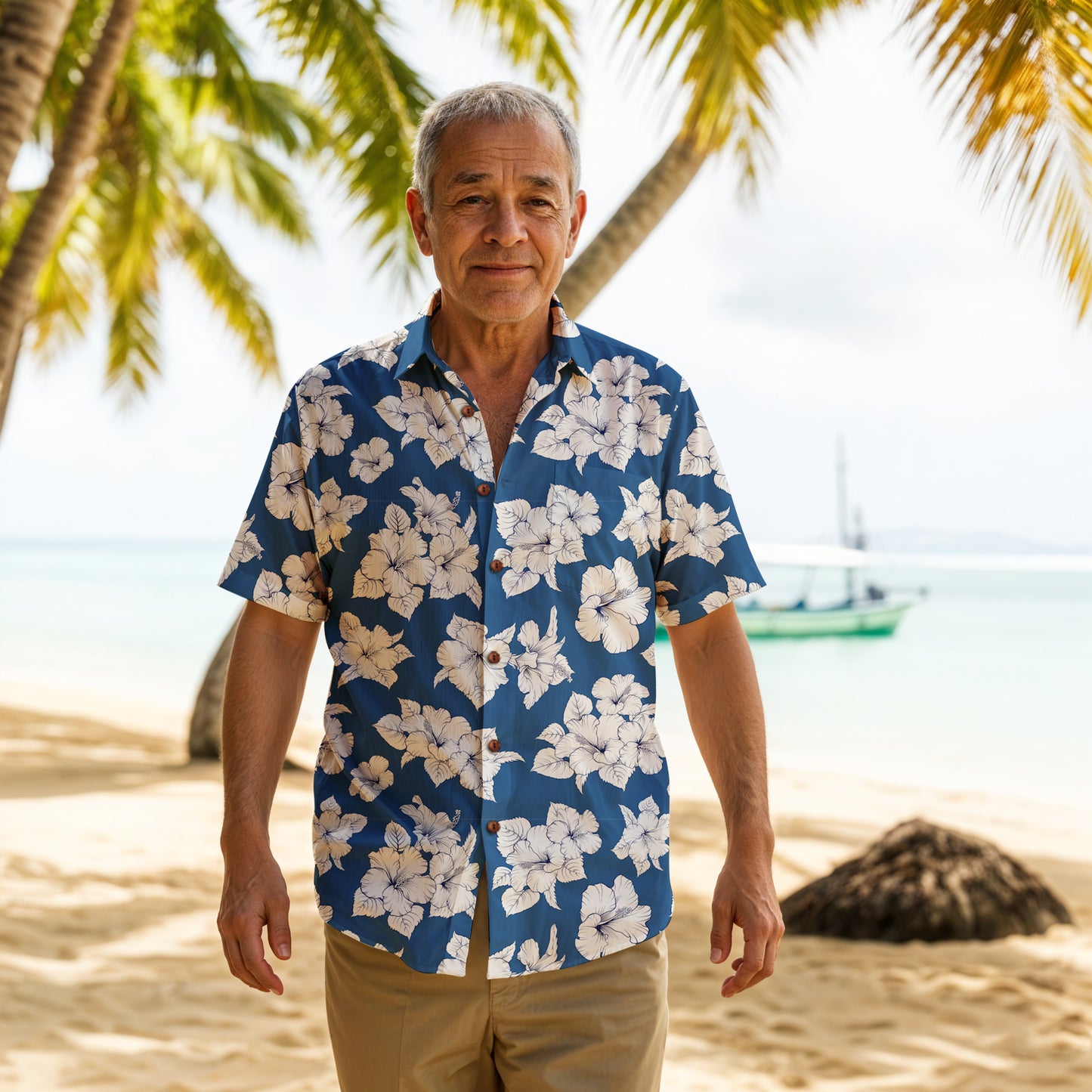 "Classic White Hibiscus" Hawaiian Shirt - 100% Cotton