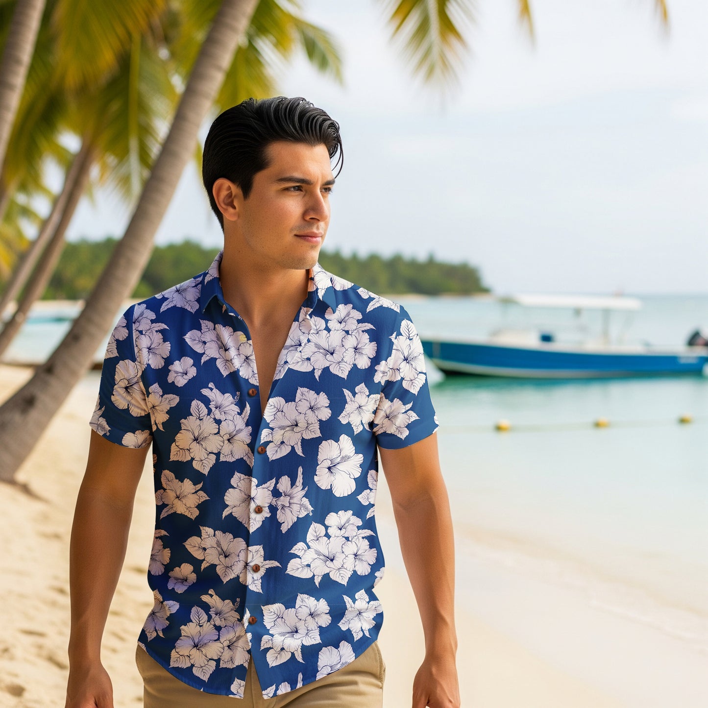 "Classic White Hibiscus" Hawaiian Shirt - 100% Cotton