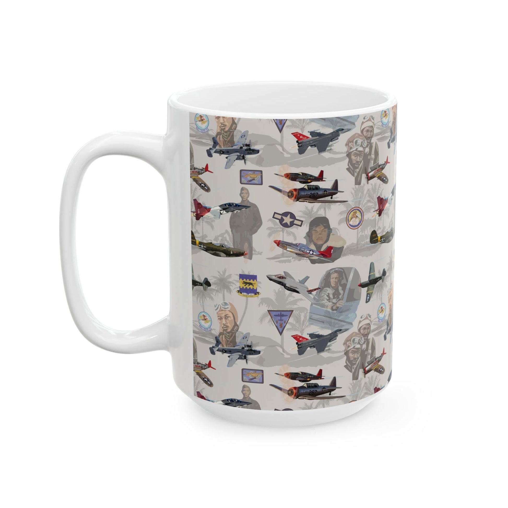 Classic beige ceramic mug showcasing a tribute to the Tuskegee Airmen, ideal for military aviation fans, available in 11oz and 15oz sizes.