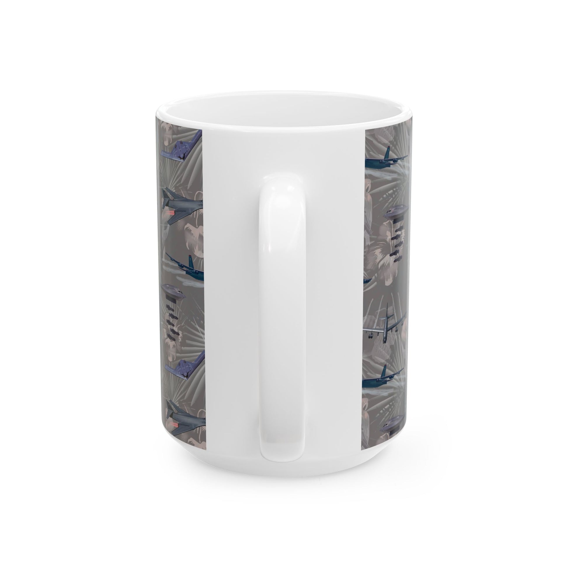 Black ceramic mug with a commemorative design celebrating iconic bombers, ideal for military aviation enthusiasts, available in two sizes.