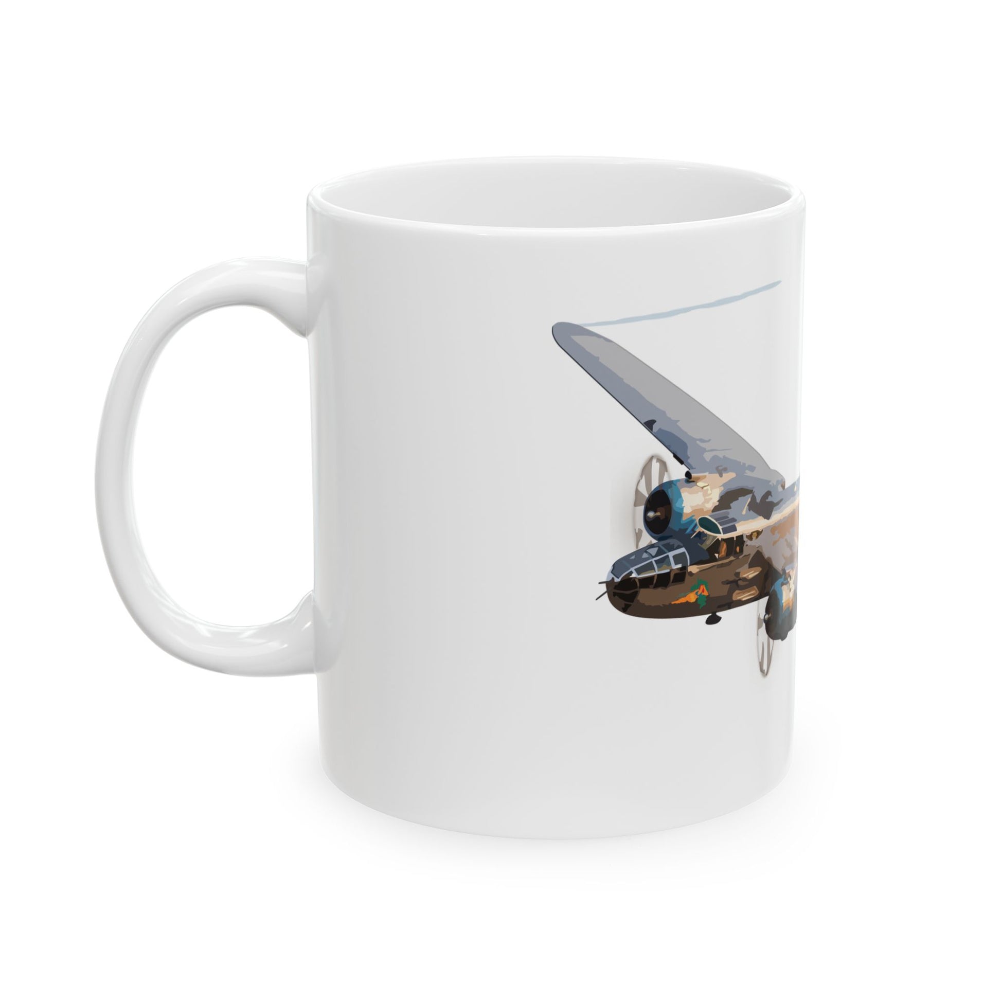 Classic ceramic mug featuring detailed "Maid in the Shade" B-25 nose art imagery, ideal for collectors and history buffs, comes in 11oz and 15oz sizes.