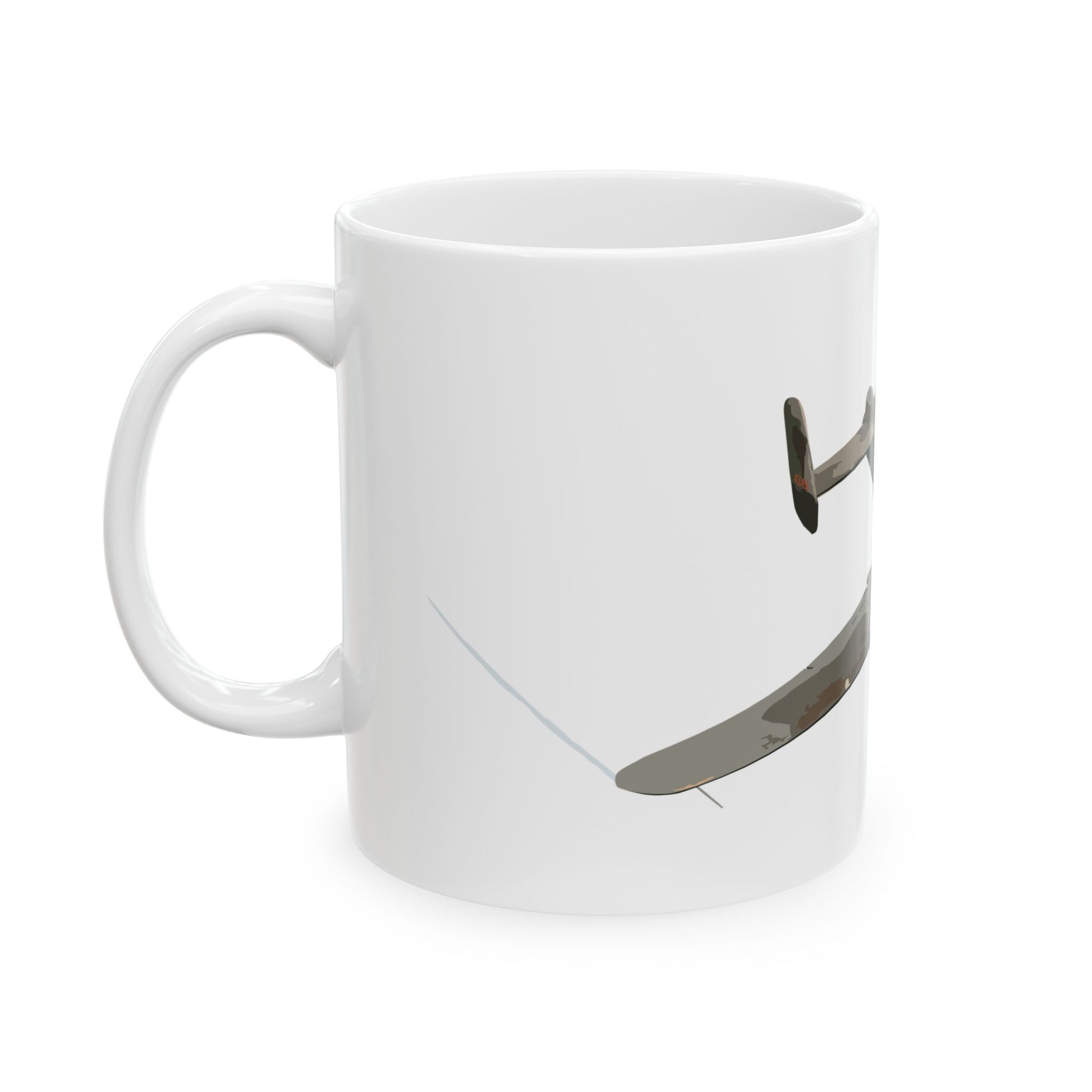 Classic ceramic mug featuring detailed "Russian to Get Ya" B-25 nose art imagery, ideal for collectors and history buffs, comes in 11oz and 15oz sizes.