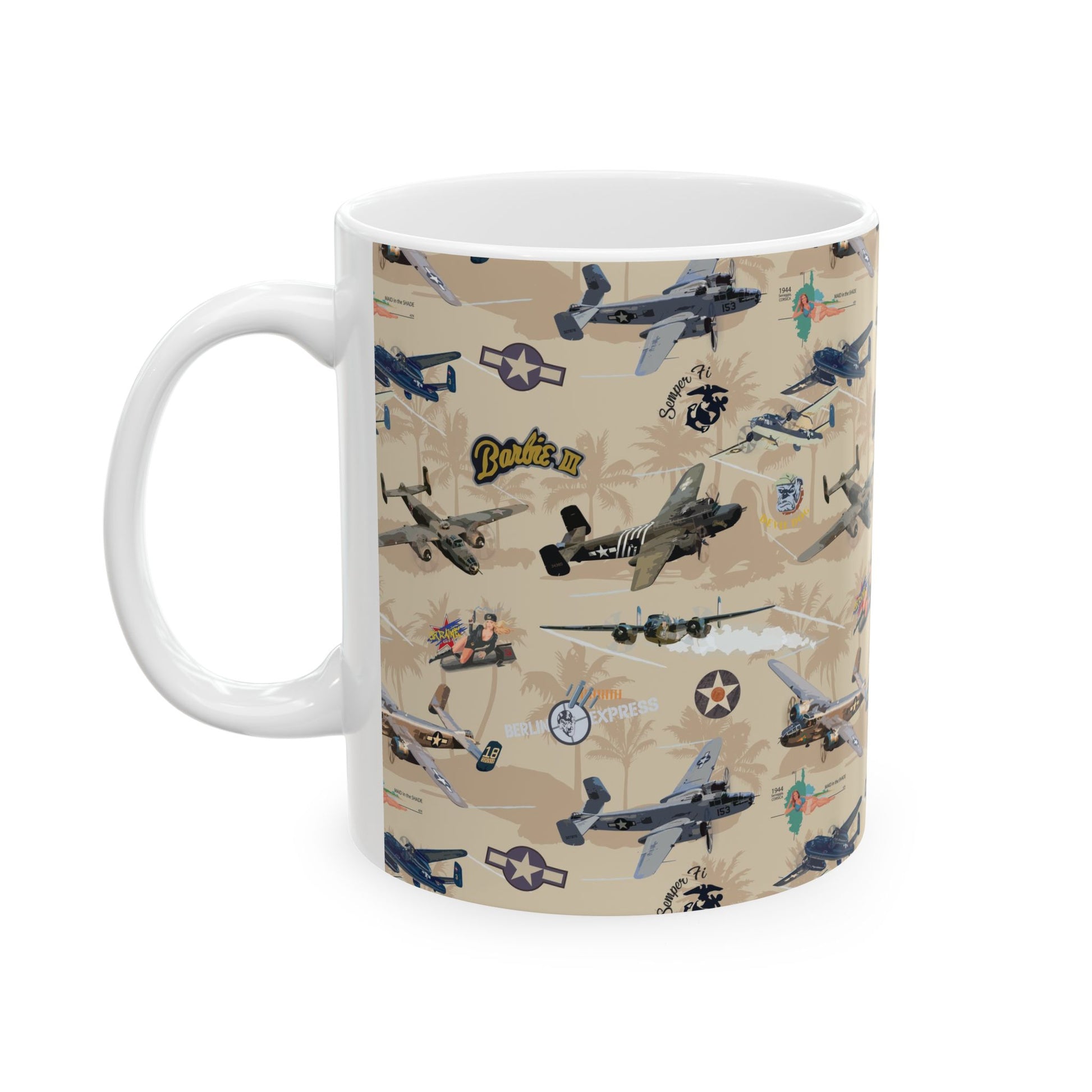 Classic ceramic mug featuring detailed B-25 nose art imagery, ideal for collectors and history buffs, comes in 11oz and 15oz sizes.