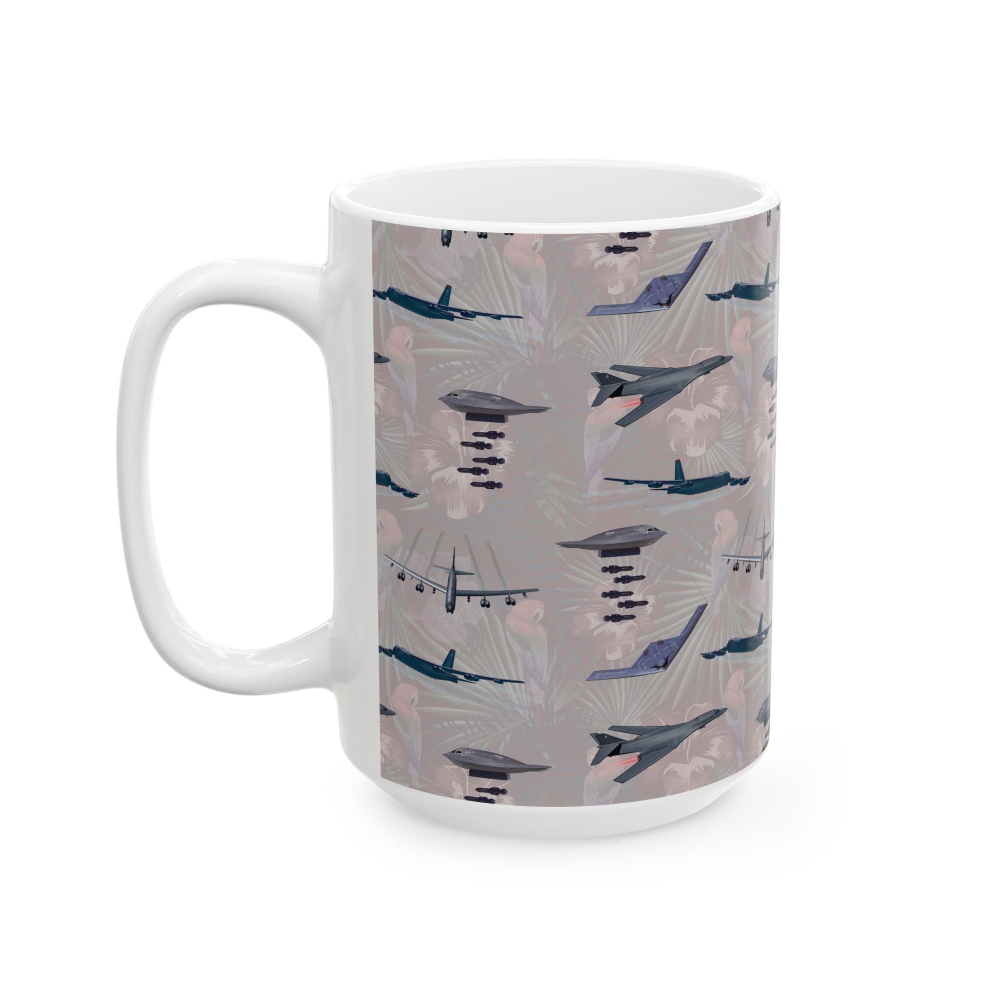 Classic white ceramic mug with imagery celebrating the B-17 Flying Fortress, a perfect keepsake for aviation fans, available in two sizes.