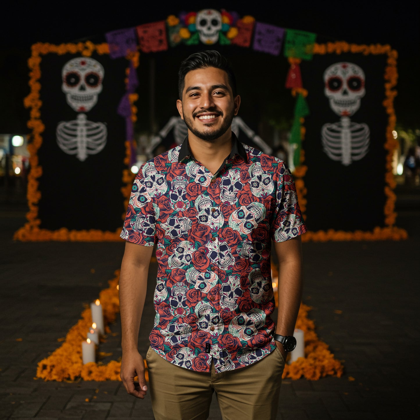 "Dia De Muertos in Roses" Cotton Celebration Shirt
