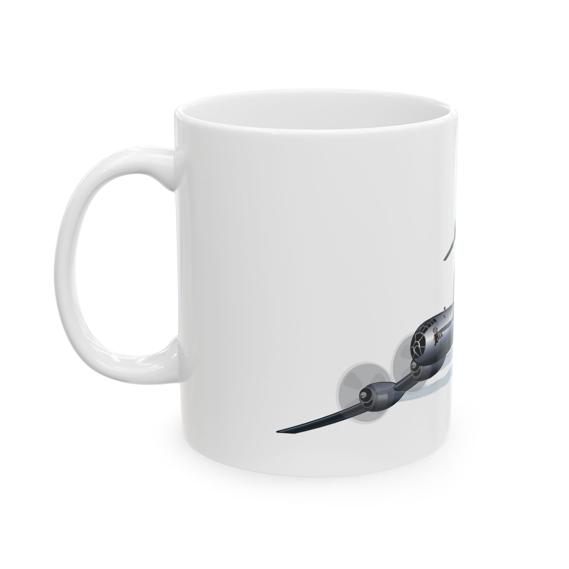 White ceramic mug featuring the Doc and Fifi design, available in 11oz and 15oz sizes, microwave and dishwasher safe.