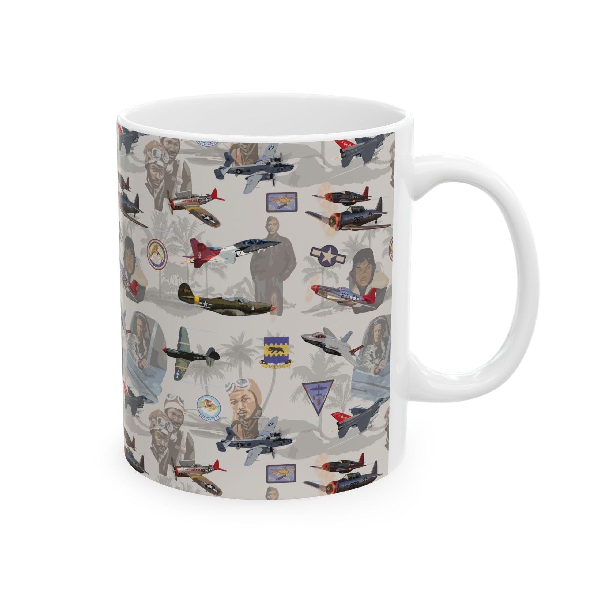 Elegant beige ceramic coffee mug honoring the Tuskegee Airmen, available in both 11oz and 15oz sizes, microwave and dishwasher safe for everyday use.