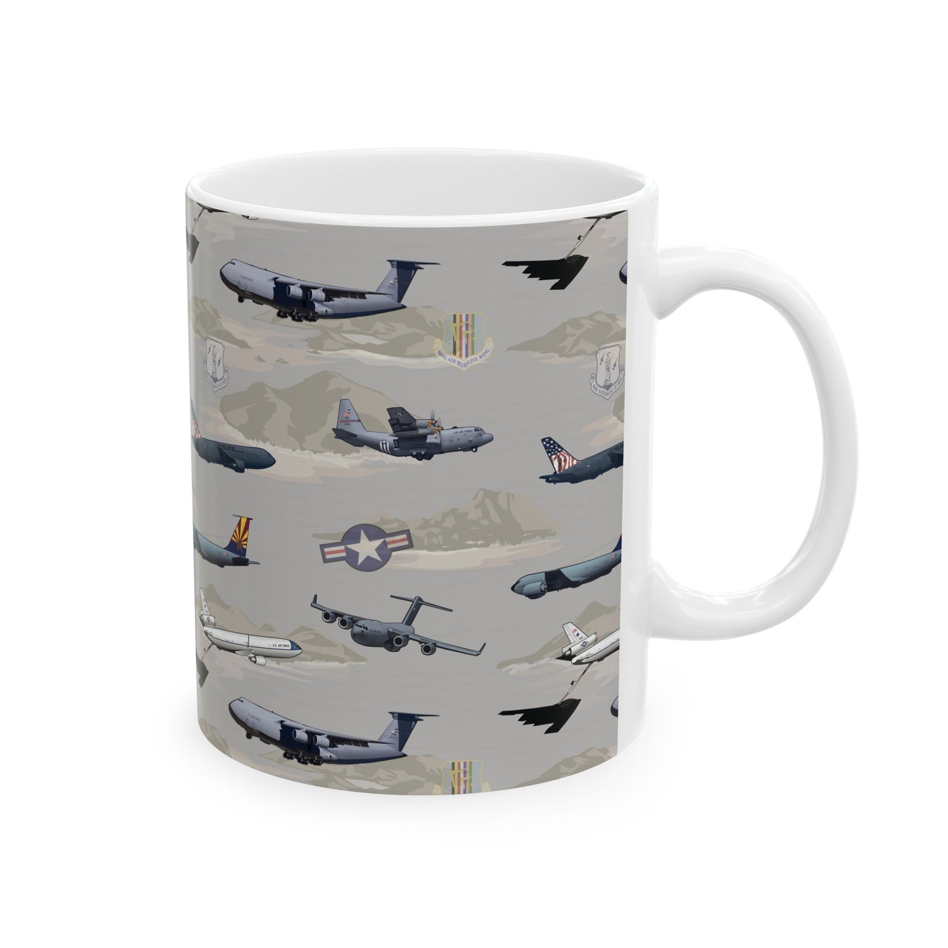 Elegant beige ceramic mug featuring the AMC Tribute design, perfect for collectors and movie buffs, available in both 11oz and 15oz sizes.