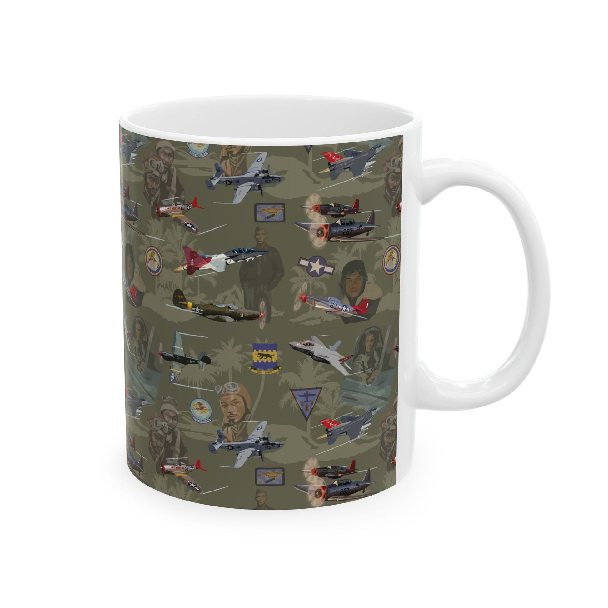 Elegant green ceramic coffee mug honoring the Tuskegee Airmen, available in 11oz and 15oz sizes, ideal for collectors of aviation and military memorabilia.
