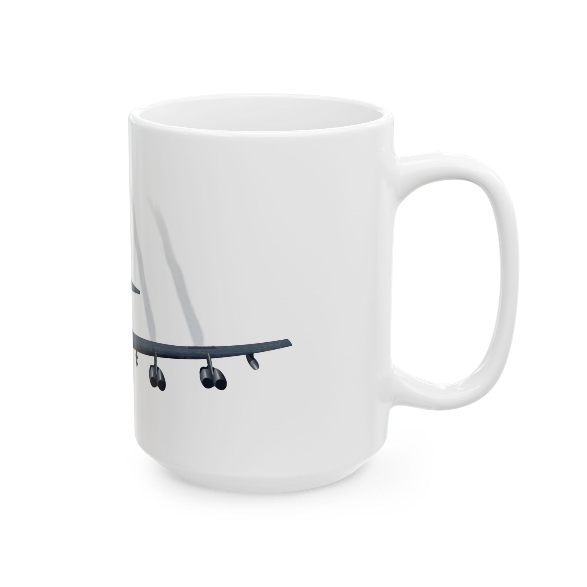 Sturdy white ceramic mug with a design commemorating the legendary B-52 Stratofortress, available in two sizes: 11oz and 15oz, microwave and dishwasher safe.