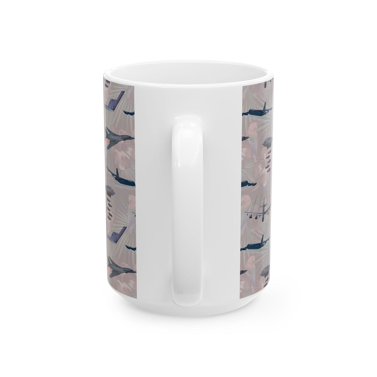 White ceramic mug with a design honoring the B-17 Flying Fortress, ideal for collectors and history buffs, available in 11oz and 15oz sizes.